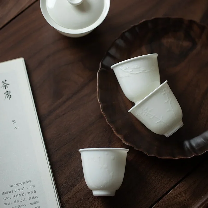 White Ceramic Relief Tea Cup – Pure Glaze Kung Fu Master Cup – Home Gongfu Teaware with Plum Blossom\bamboo\pine Carvings