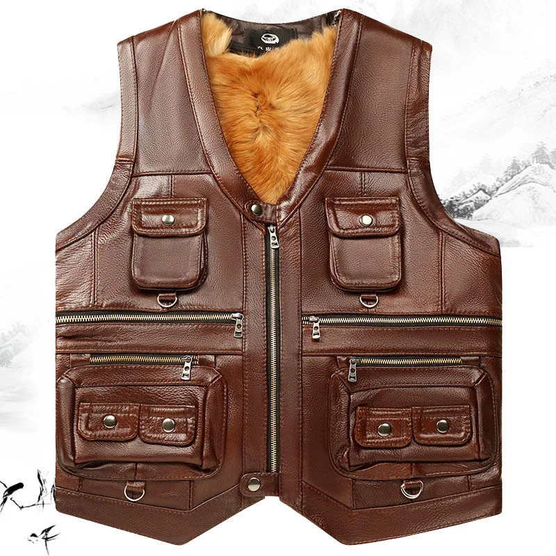 

Waistcoat for Men Autumn Winter New Zipper Vest Jacket Male Sleeveless Casual Coats Men Thick Genuine Cow Leather Vest