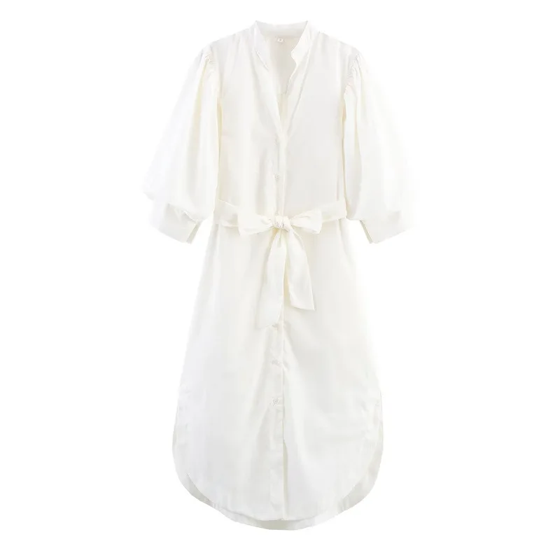 Women's European and American fashion simple puff sleeve shirt-style dresses