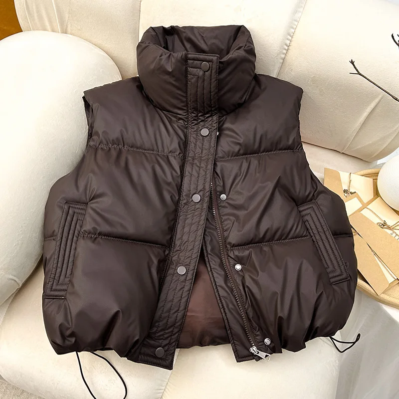 Chaleco de algodón con cuello levantado para mujer, Chaqueta corta y versátil sin mangas, Top informal cálido de color liso, a la moda, para otoño e invierno, novedad de 2024