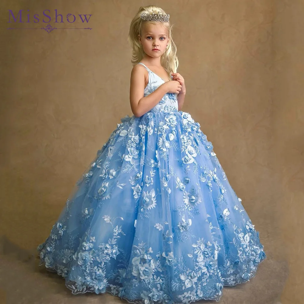 MisShow-vestido de lujo con flores azules para niñas, vestido para bodas, bonito encaje 3D, vestido de fiesta de cumpleaños para niños, vestidos de primera comunión personalizados