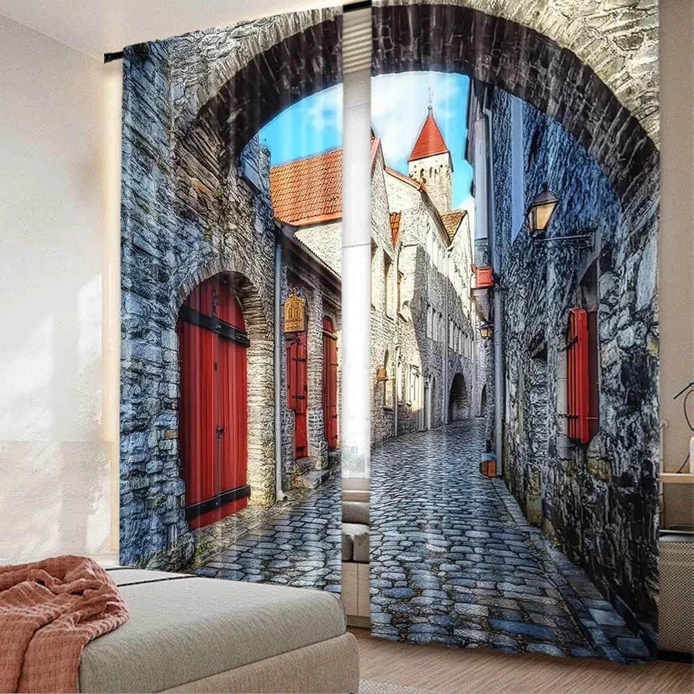 2Pcs Medieval Curtain Old Stone Street Passage Estonia Middle Ages Town Heritage Art Suitable For Bedroom Bathroom Dining Room