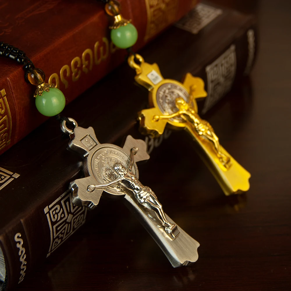 Catholic Cross Necklace With Wooden bead chain Crucifix Gold Wooden Rosary Beaded Chain Religious Jesus Prayer Jewelry