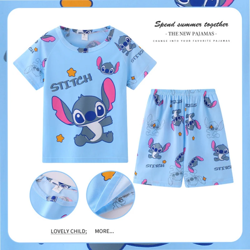 Stitch Disney Pajamas for Children New Anime Kawaii Cute Tops Shorts Set Summer Boy Girl Home Clothing T-shirt Pants Kids Gift