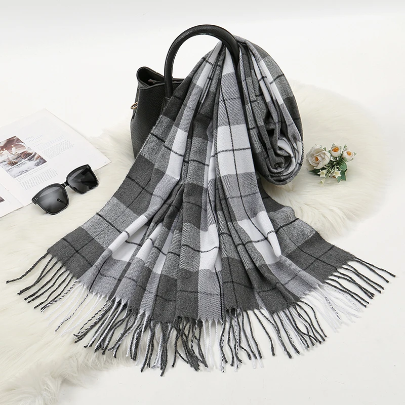 Fashion Winter Plaid Tassel Shawl Fake Cashmere Scarf For Woman Outdoor Keep Warm Windproof Pashmina Scarves Wholesale 180*70cm