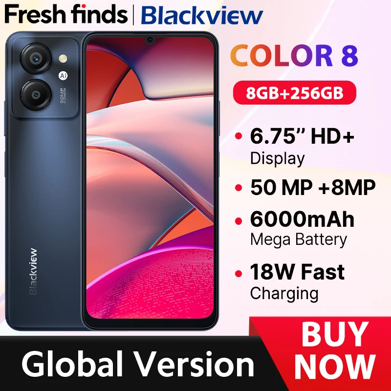 【Première mondiale】 Blackview COLOR 8 90Hz Écran 6,75 pouces 8 Go 128 Go 50 MP Caméra arrière 6000 mAh Batterie 18 W Charge rapide GPS