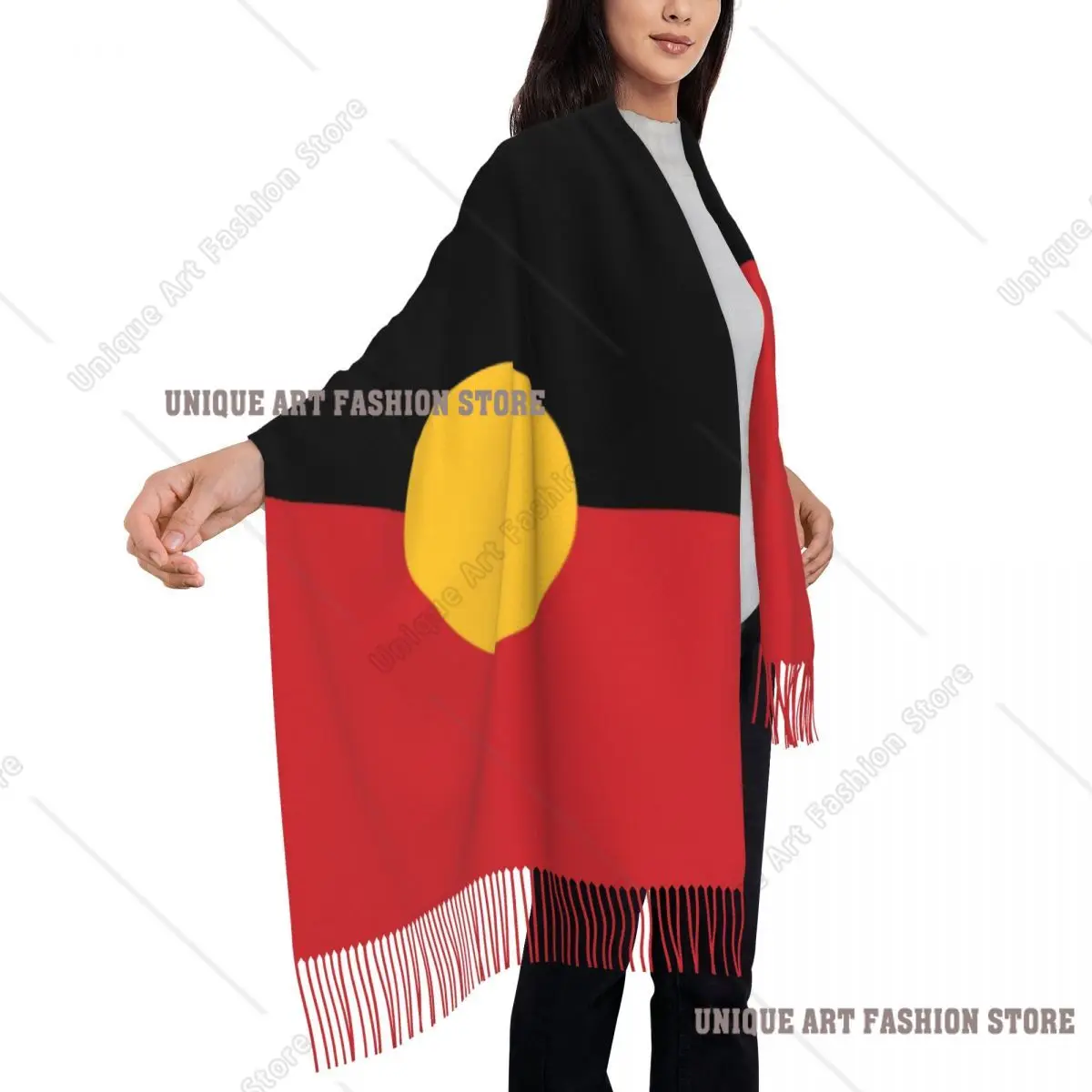مخصص سيدة كبيرة الأسترالية السكان الأصليين العلم الأوشحة النساء الشتاء سميكة الدافئة شرابة شال يلتف وشاح