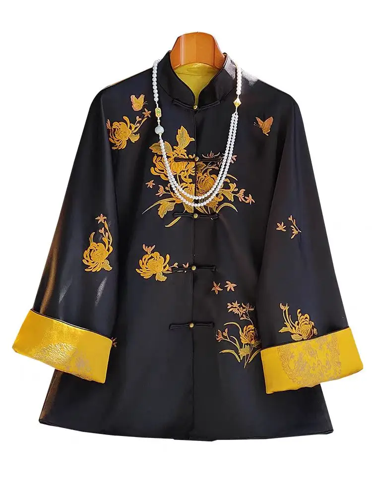 Chinese style Stand Collar Acetate Fabric Embroidered Butterfly +Flower Coat Women's Autumn Contrastive Color Cuff Top S-XXL