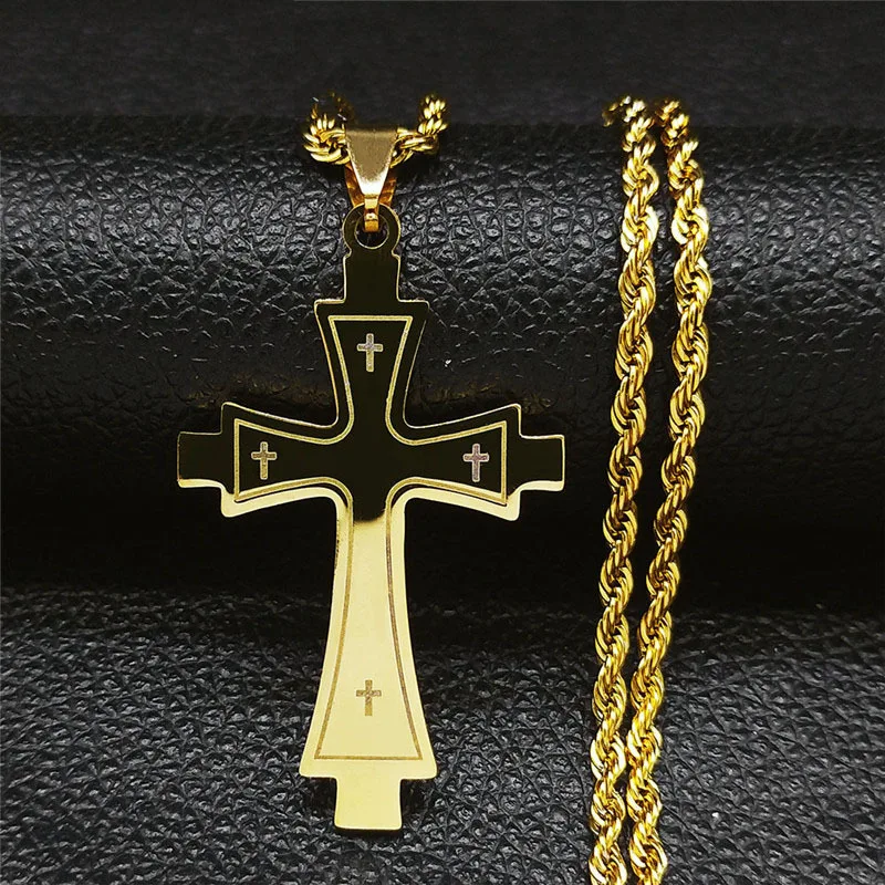 Europe and America Male Crucifix Long Necklace UNISEX Stainless Steel Gold Color Christian Casual Daily Wear Biker Jewelry