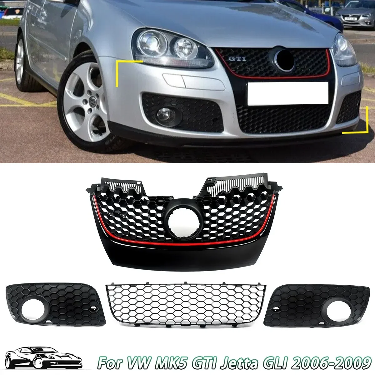 Set of 3 For 06-09 VW MK5 Jetta /GLI /GTI Front Bumper Grille Honeycomb Style