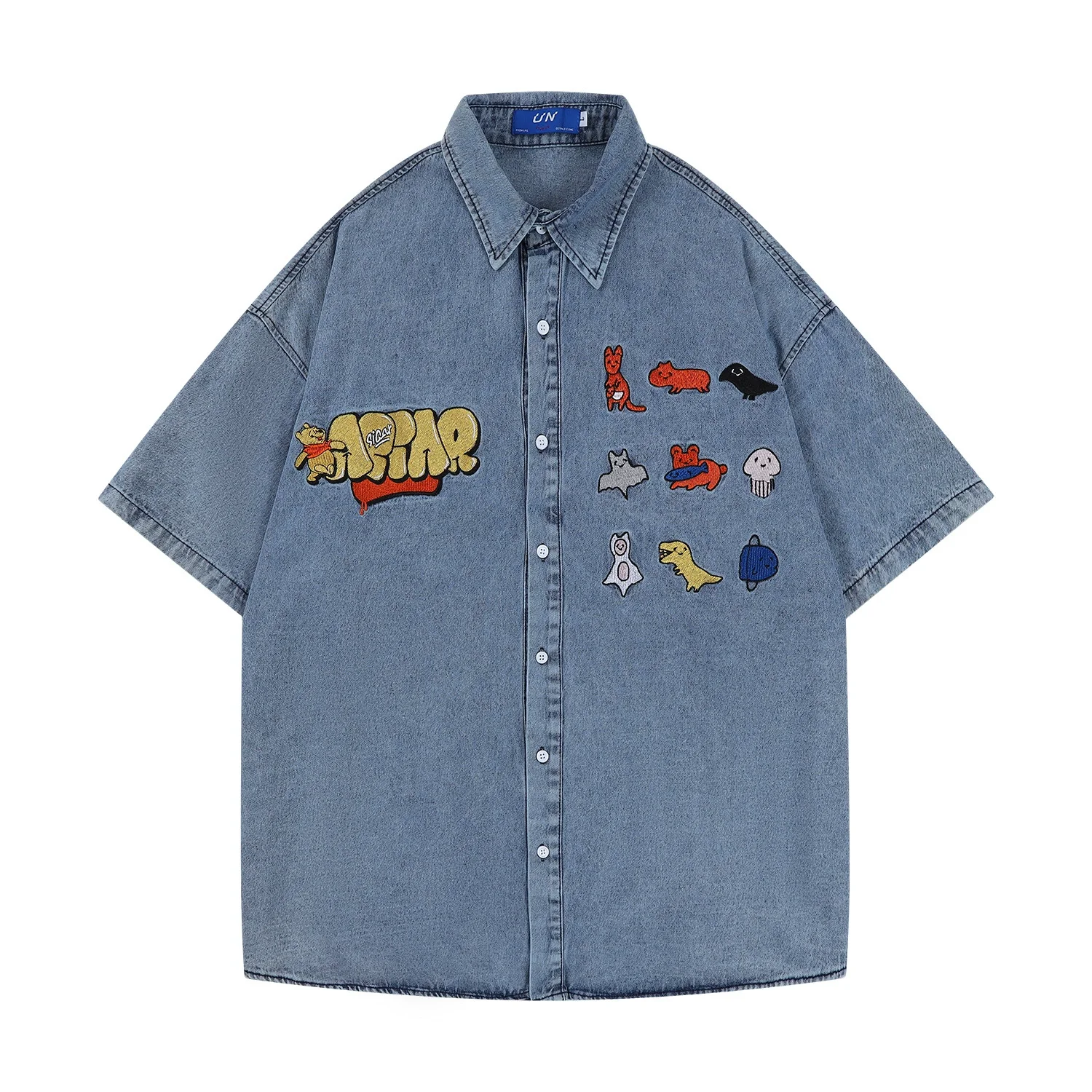 

Cartoon Embroidery Short Sleeve Shirts Mens Summer Retro Casual Loose Lapel Denim Shirts Men Washed Distressed Couple Top Jacket