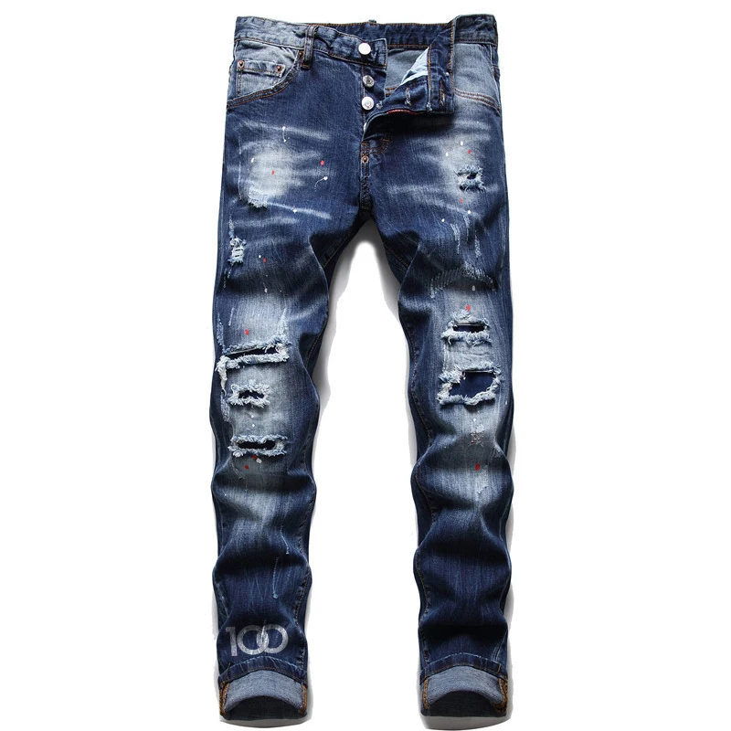 Chareiharper-Jean pour homme, tissu à fils, multi-trous, indigo, haut de gamme, processus d\'abrading lourd, peint à la main, peinture égouttée