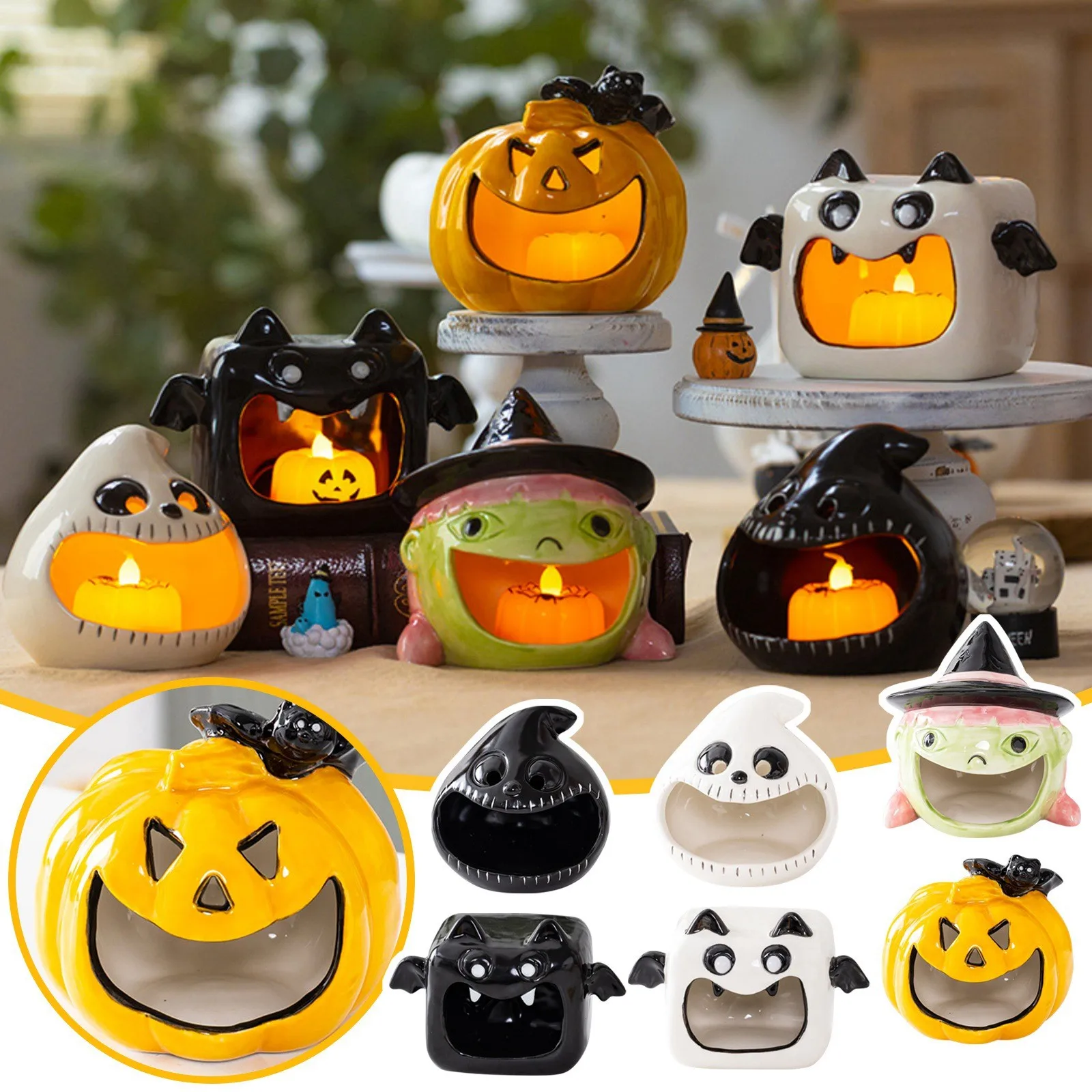 Halloween Cute Ghost Candlestick Candle Decoration Arrangement Atmosphere Candy Storage Desktop Ornaments