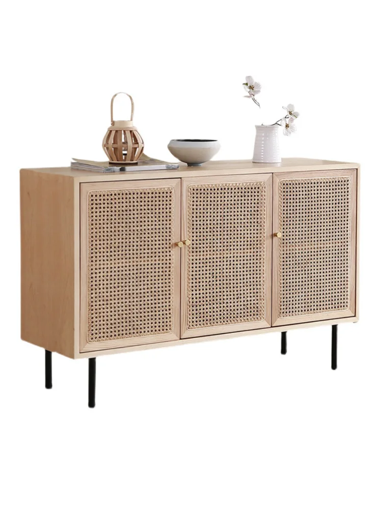 Nordic solid wood dining side cabinet simple modern living room tea cabinet storage Japanese rattan