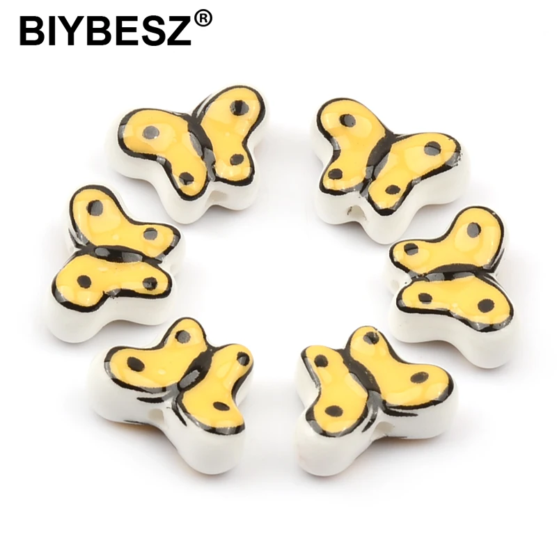 5/10pcs 13x17mm Yellow Butterfly Ceramic Beads Loose Spacer Glaze Jewelry Beads for Making Bracelet Diy Craft