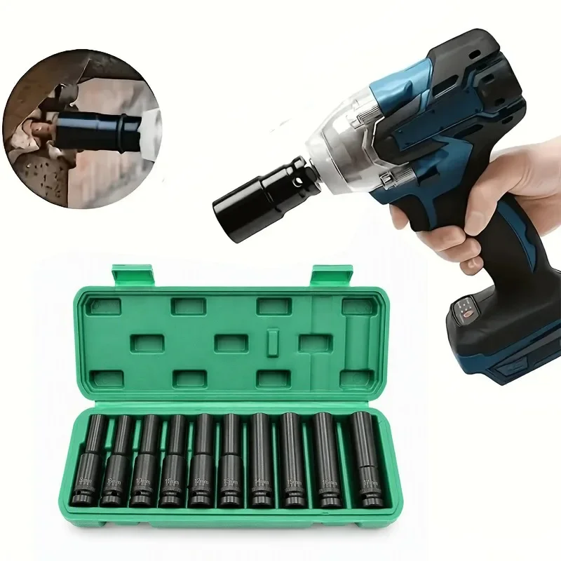 A Set10Pcs 1/2 Inch Drive Deep Impact Socket Set Metric 8-24mm Extra Long Socket Adapter for Electric Wrench Auto Repair Tool
