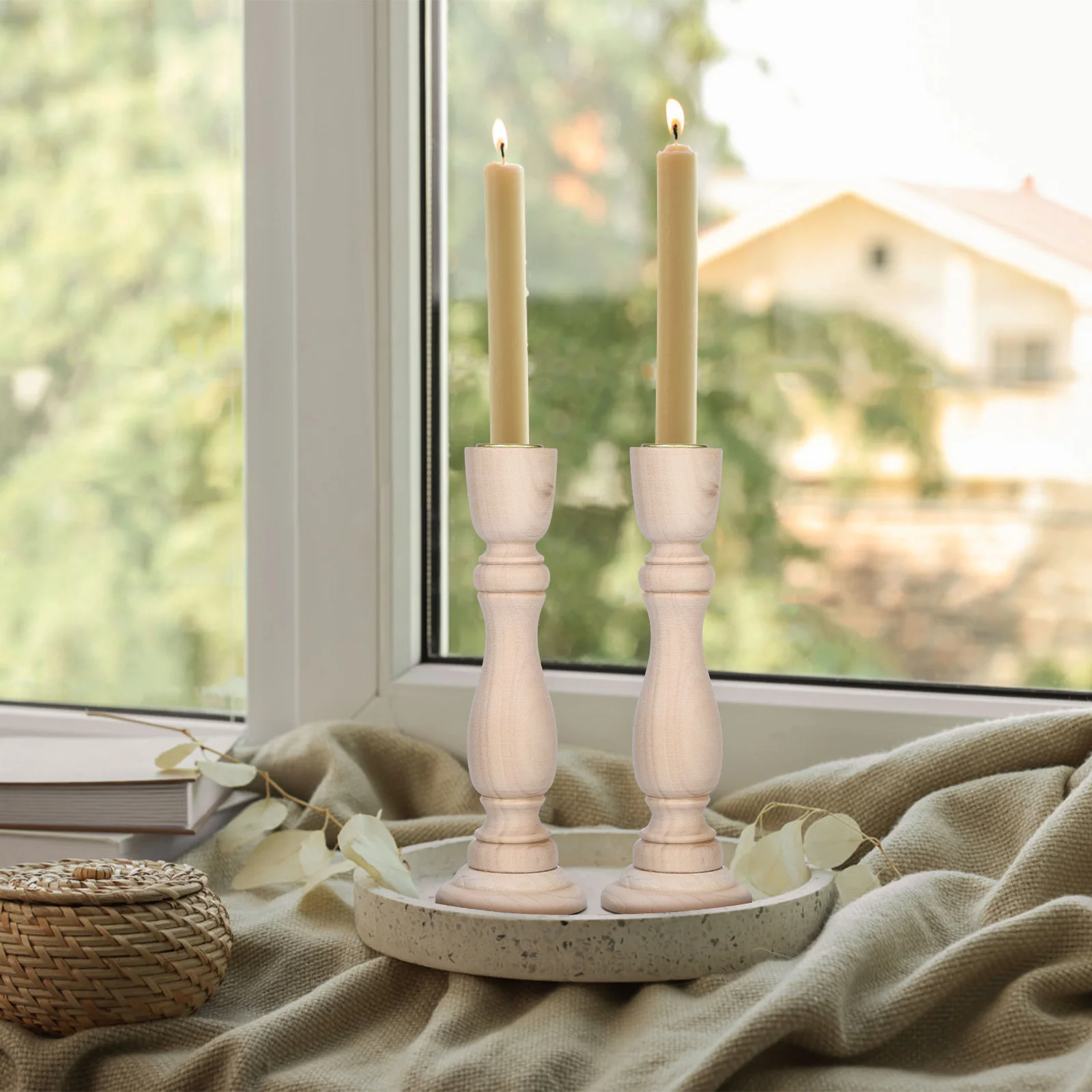 

4Pcs Wooden Pillar Holders Tall Rustic Tabletop Candlestick Holders for Home Wedding Centerpiece Wood Holder