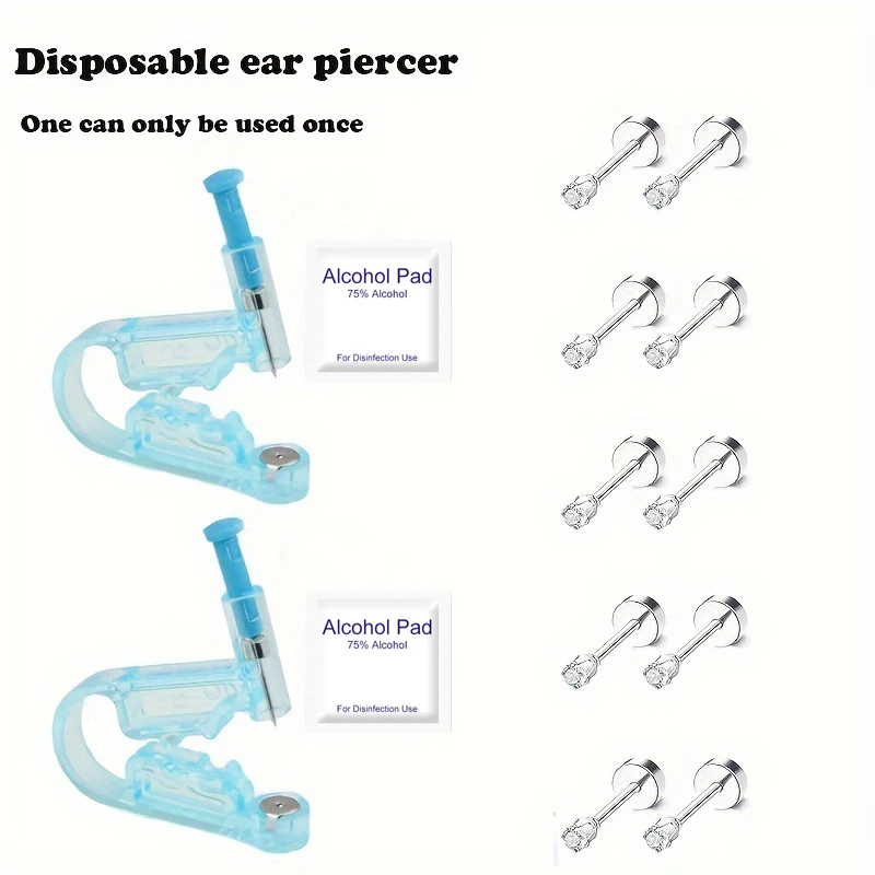 5 Pairs Simple Tiny 2mm Ball Cubic Zirconia Flat Back Stud Earrings & 2pcs Piercing Tools Set With 2pcs Alcohol Cotton Pads