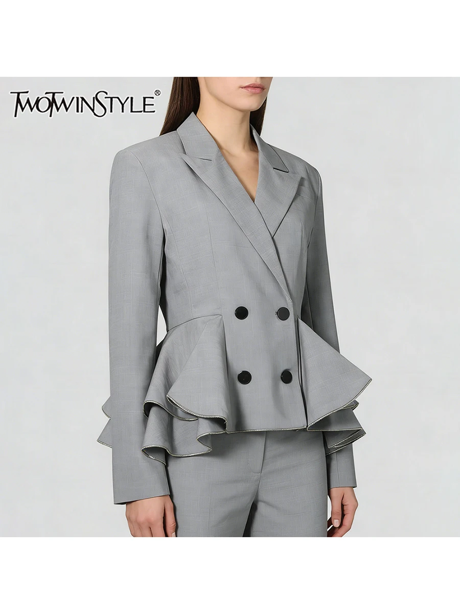 

TWOTWINSTYLE Slimming Spliced Ruffles Fashion Blazers for Women Lapel Long Sleeves High Waist Patchwork Chains Blazer Female New