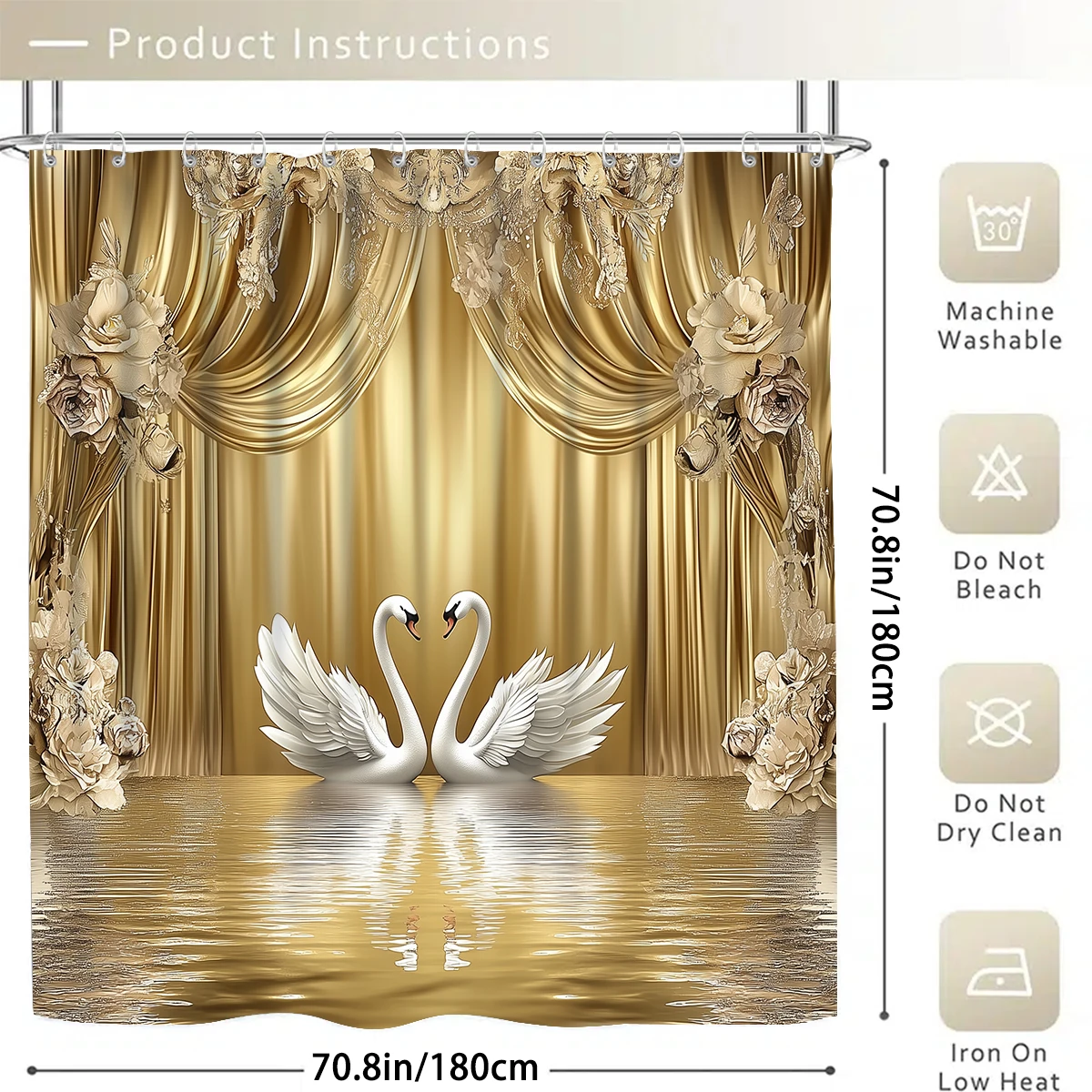 1/4PC gold swan curtain water shower curtain set,waterproof shower curtain and waterproof non-slip carpet,12free hooks