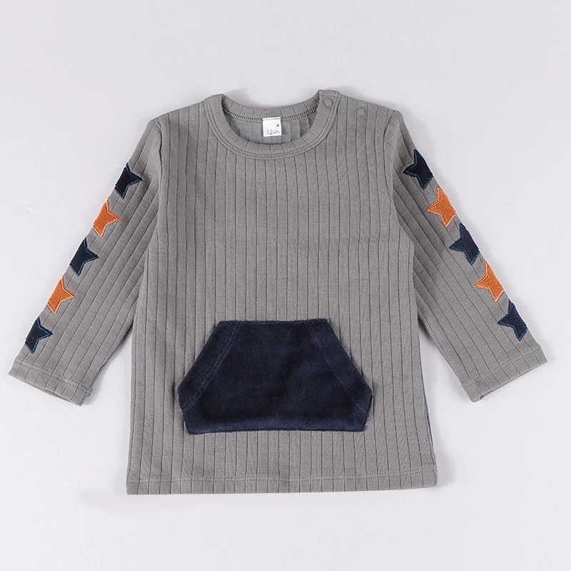 Boy tee shirt kids pocket t-shirt winter long sleeves children clothing 12*2 ribed round neck velour sarts on each sleeve 9M-16Y