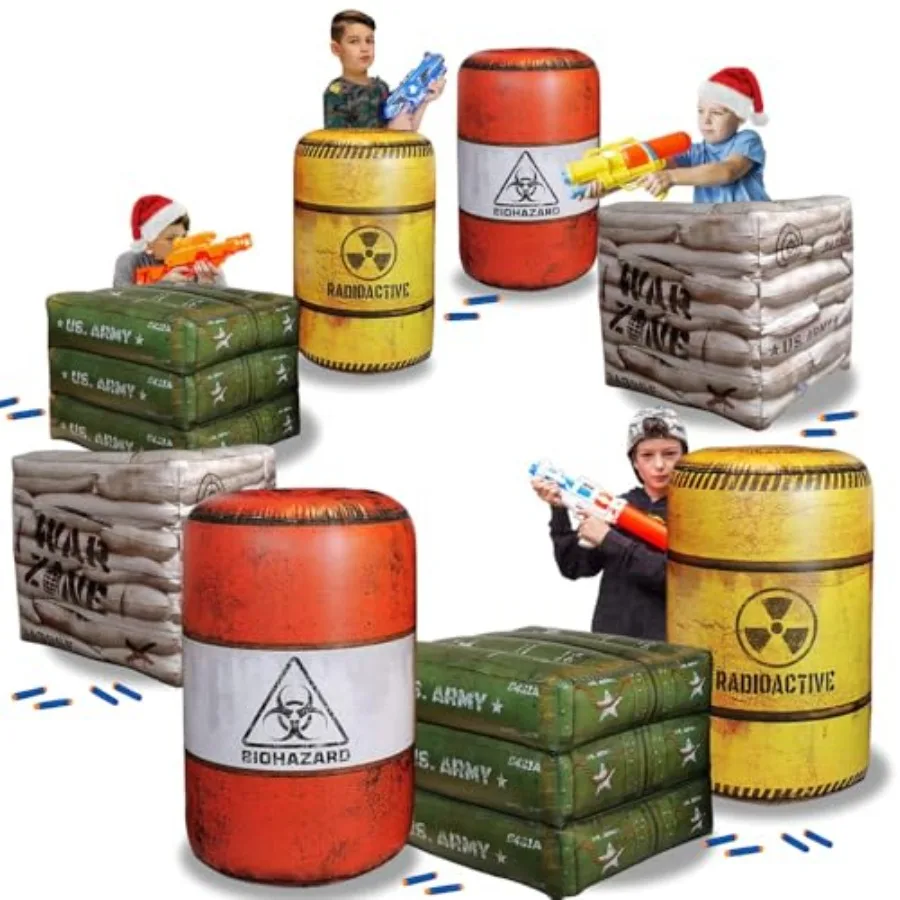 

Надувной набор для боевых игр из 8 предметов: 4 огнемета, 2 армейских ящика, 2 баррикады из песочных мешков для лазертага и водных пистолетов