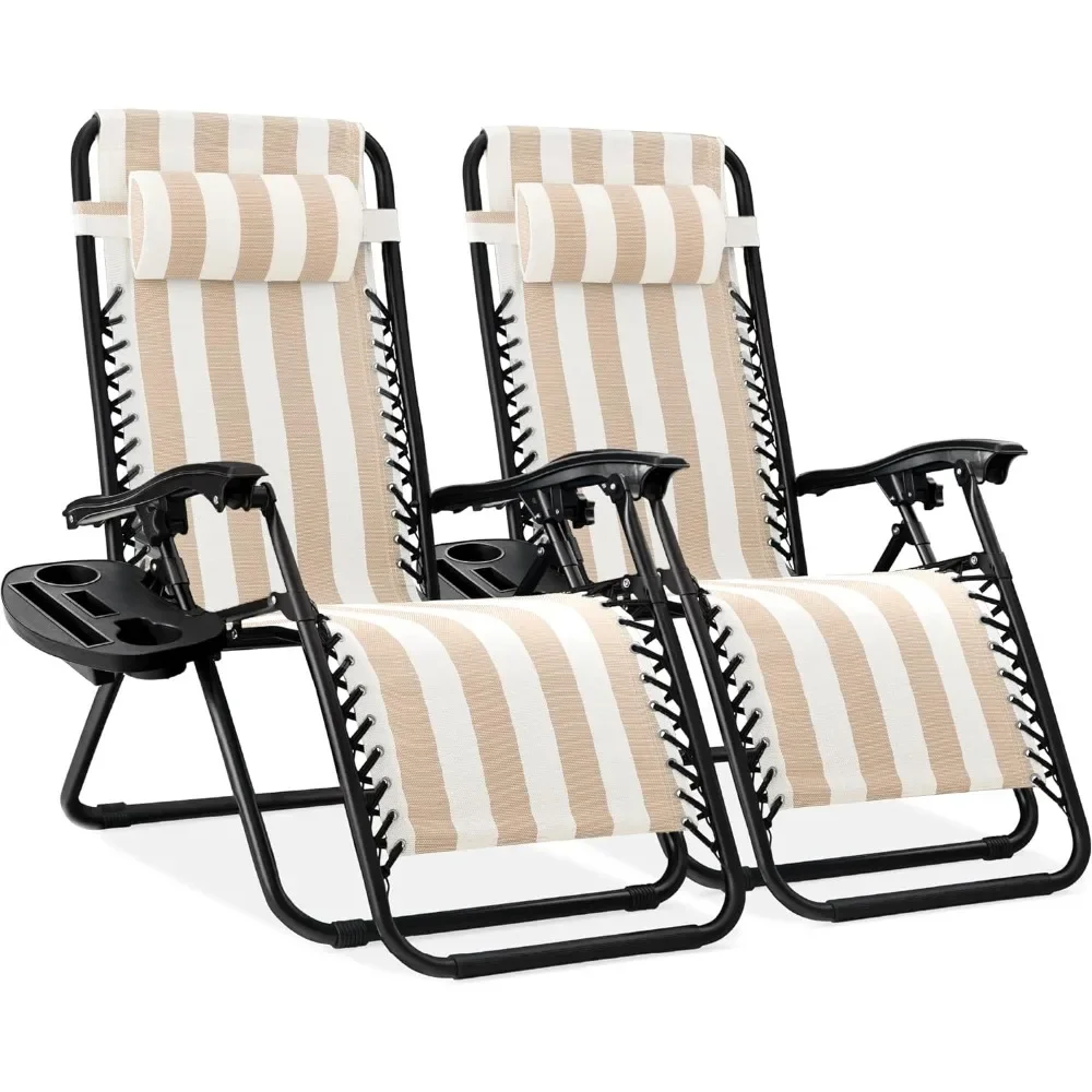 

Set of Adjustable Steel Mesh Zero Gravity Lounge Chair Recliners w/Pillows and Cup Holder Trays, Tan Striped