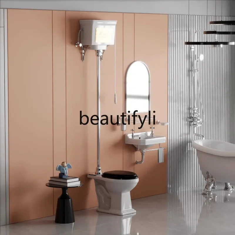 

American retro new WC with water tank British style toilet classical solid wood coverAsmt52