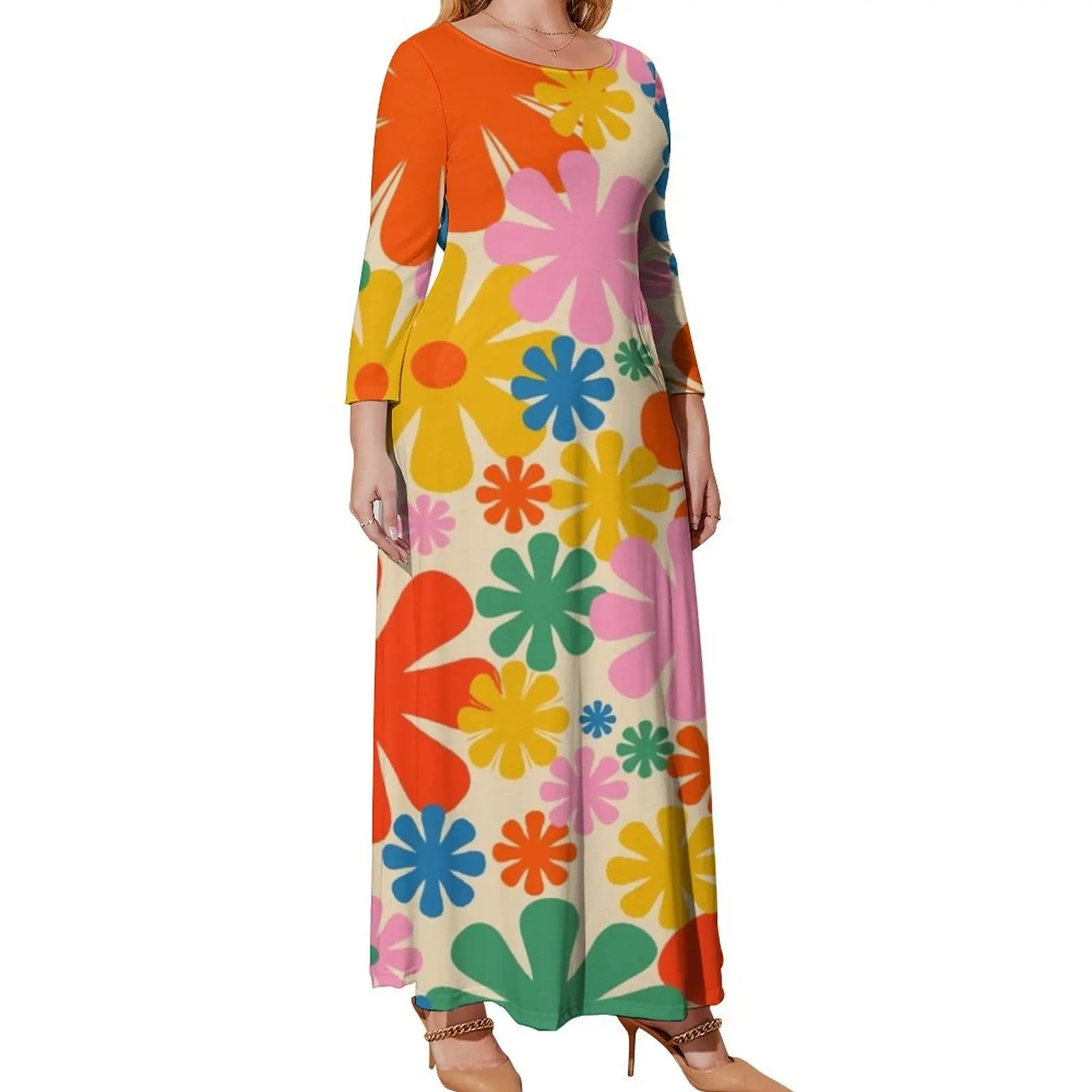 Vestido Retro de manga larga con estampado Floral, falda de playa de los años 60 y 70, colores Pop del Arcoíris, Verano