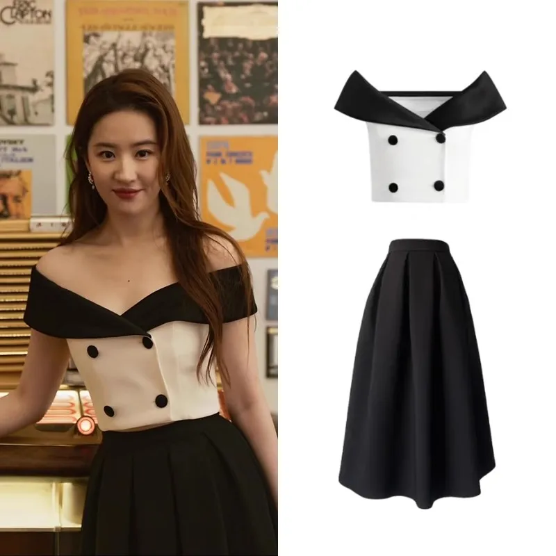 

EXJR Rose Story Short One-Shoulder Shirt And Skirt Set Women's Fashion Cotton Blend Half-length Ensemble for Young Adults