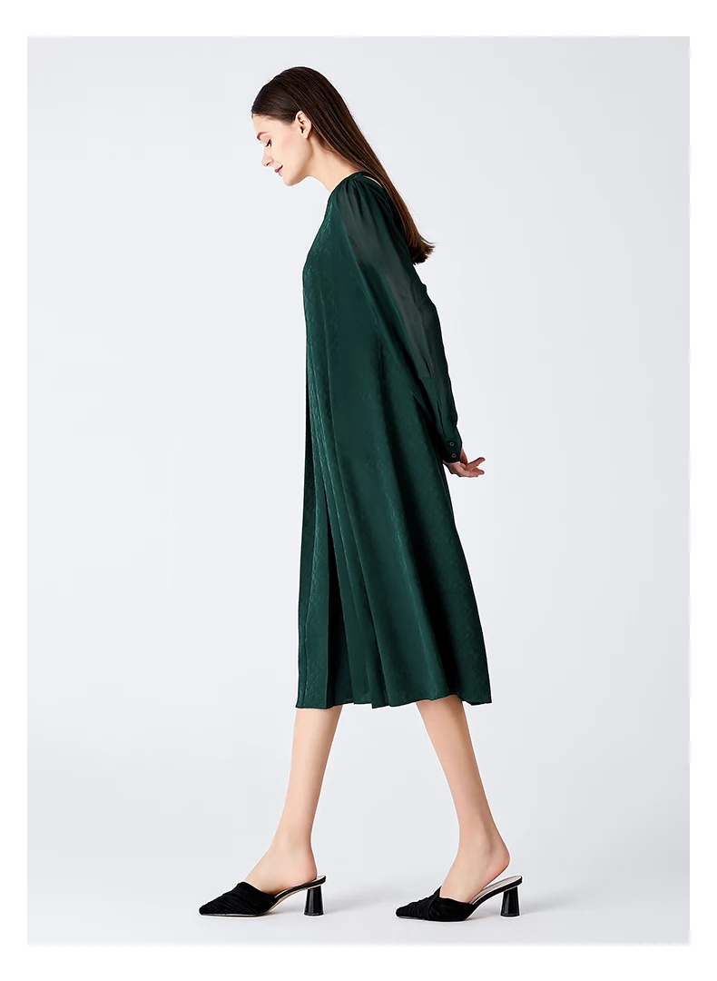 

22 Momme Jacquard Silk Peacock Green O-neck Dresses Women Panel Georgette Long Sleeve Loose Dress Spring 2023 New AE1967