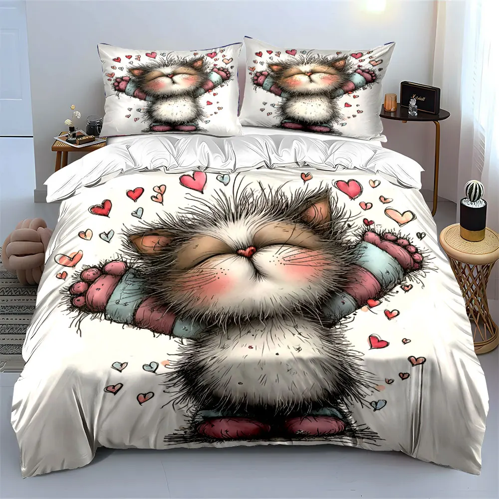 Cute Cat Hugging Surrounded by Hearts Printed Duvet Cover Set 1 Duvet Cover+2 Pillowcase Multi Size Bedroom Bedding Decoration