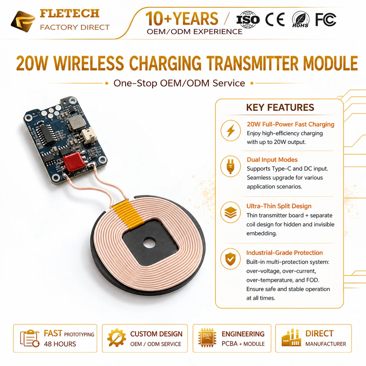20W Qi Wireless Charging Transmitter Module TX PCB Coil Type-C PD QC Fast Charger Board for DIY Embedded Projects Car