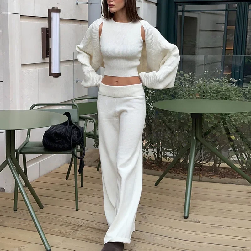 Damen Strick-3-Teiler-Set: O-Ausschnitt, ärmelloses Crop-Top, Langarm-Mantel, weit geschnittene Hose, Herbstmode, neue Strickwaren für Damen – Detail 21