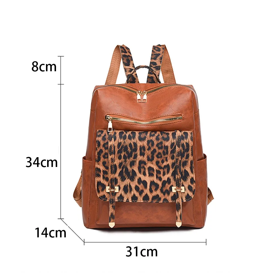 Bolsa feminina vintage de couro de alta qualidade mochila casual leopardo impressão mochila grande capacidade saco de compras para mulher 2025