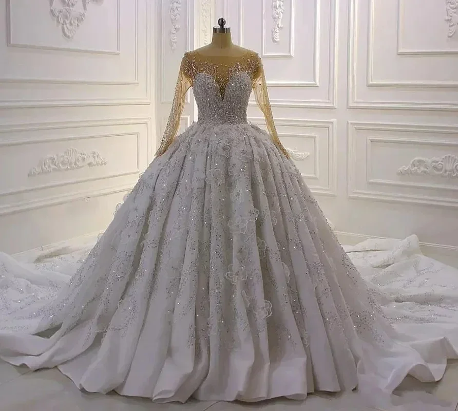 

Романтическое свадебное платье с блестящими бусинами и аппликациями по индивидуальному заказу, бальное платье Robe De Mariée, свадебное платье с длинными рукавами и открытой спиной