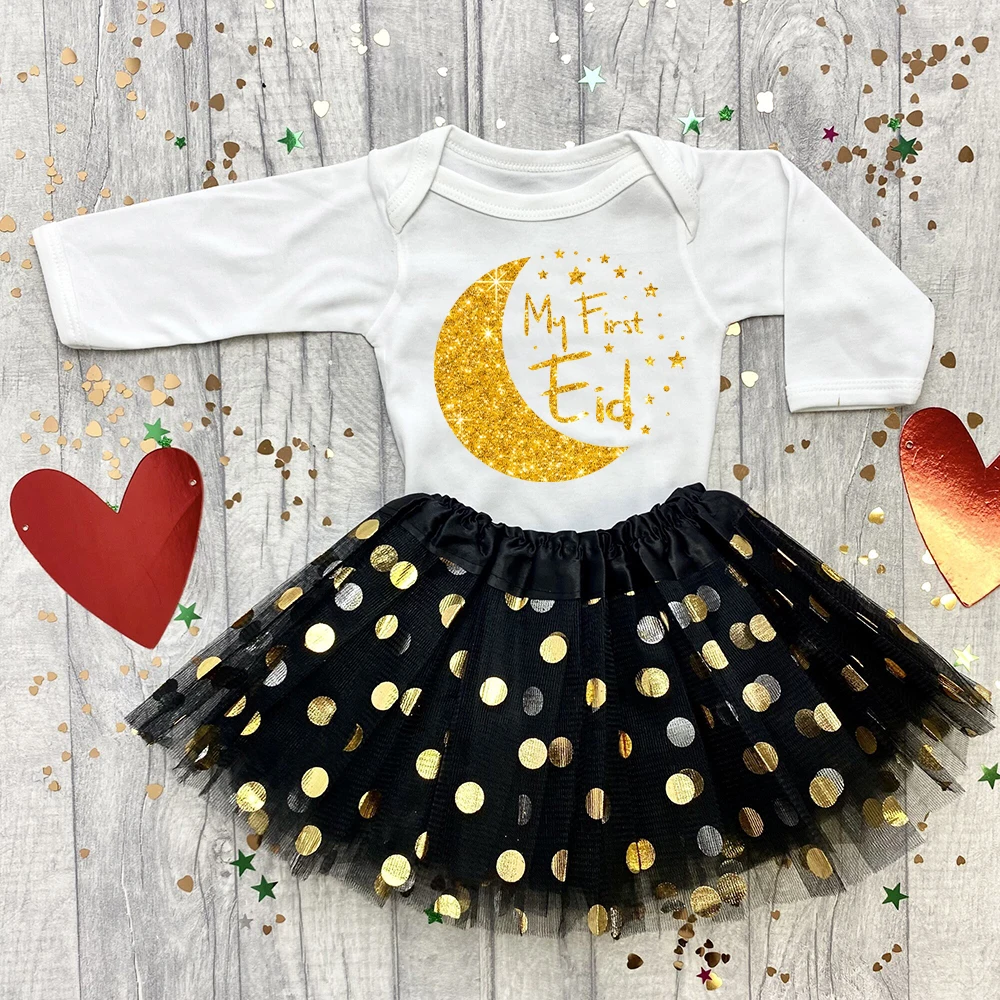 Baby Girl's My First Eid Long Sleeve Romper Gold Polka Dot Black Tutu Skirt My 1st Eid Gold Glitter Moon Stars Newborn Gift