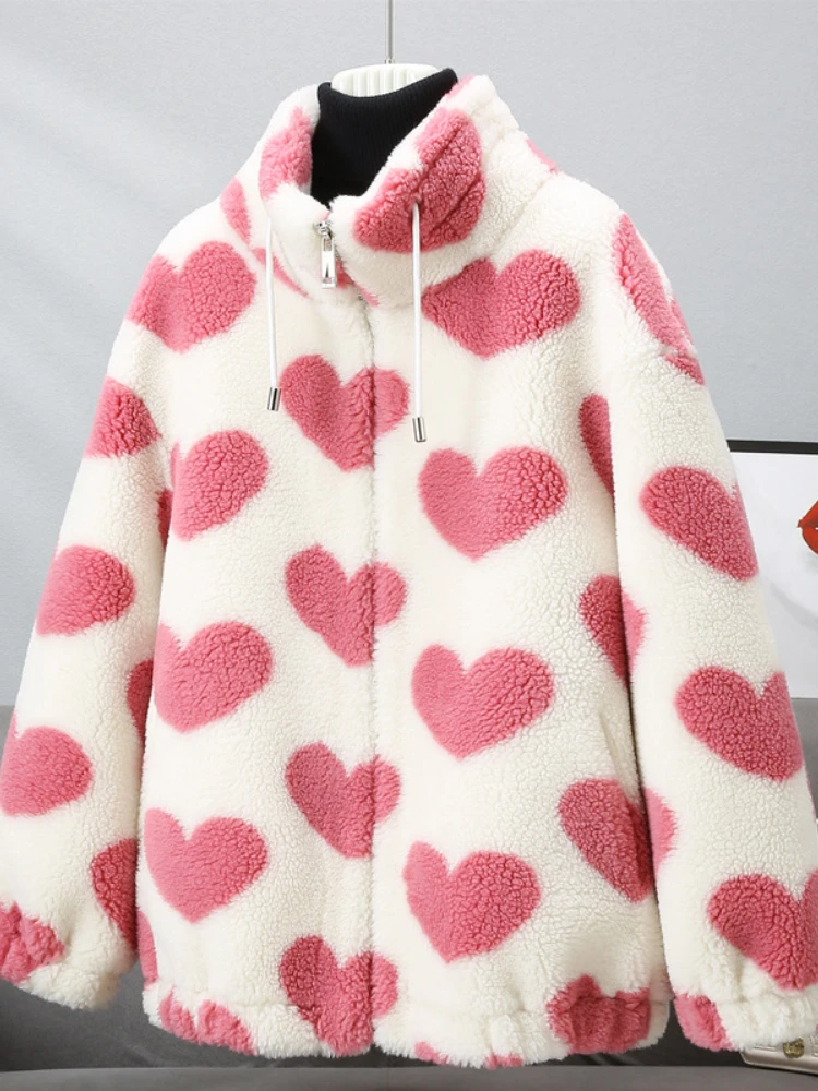 MENINA BONITA 2022 New Winter Jacket Women Stand Collar Heart Pattern Real Fur Coat Natural Weave Wool Fur Thick Warm Outerwear