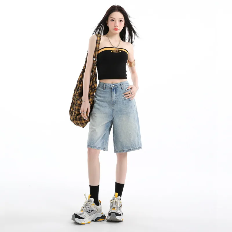 

Американские джинсы с высокой талией и прямыми штанинами, синие, женские, летние, новые, укороченные, универсальные, широкие брюки