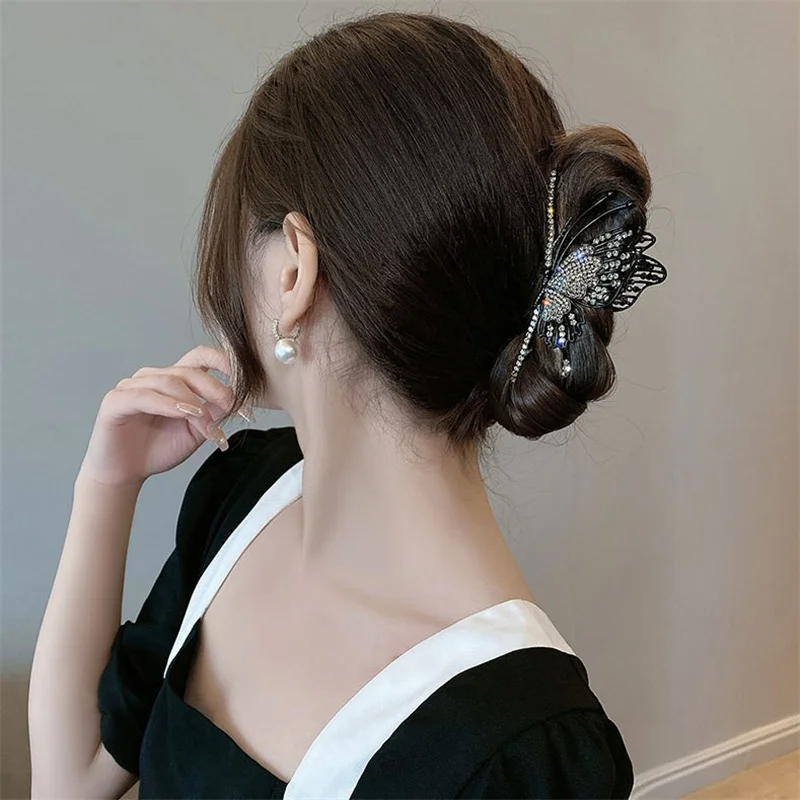 2022 Korean  Rhinestone Butterfly Hair Clips Women Fashion Hair Claw Elegant Large Metal Crab Shark Clip Female Hair Accessories