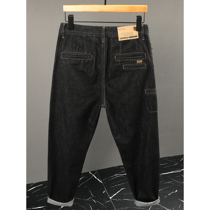 Fashionable Japanese style black jeans, men's loose and trendy street style multi pocket design, harem pants