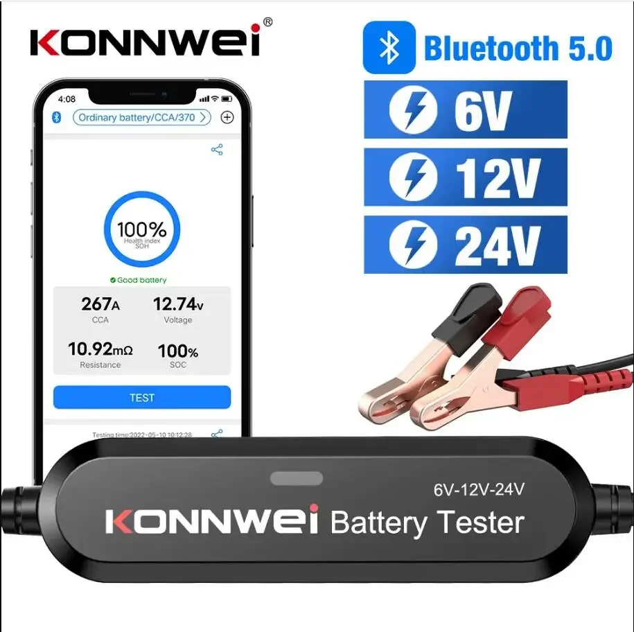 KONNWEI BK200 Bluetooth 5.0 Car Motorcycle Truck Battery Tester 6V 12V 24V Battery Analyzer 2000 CCA Charging Cranking Test Tool