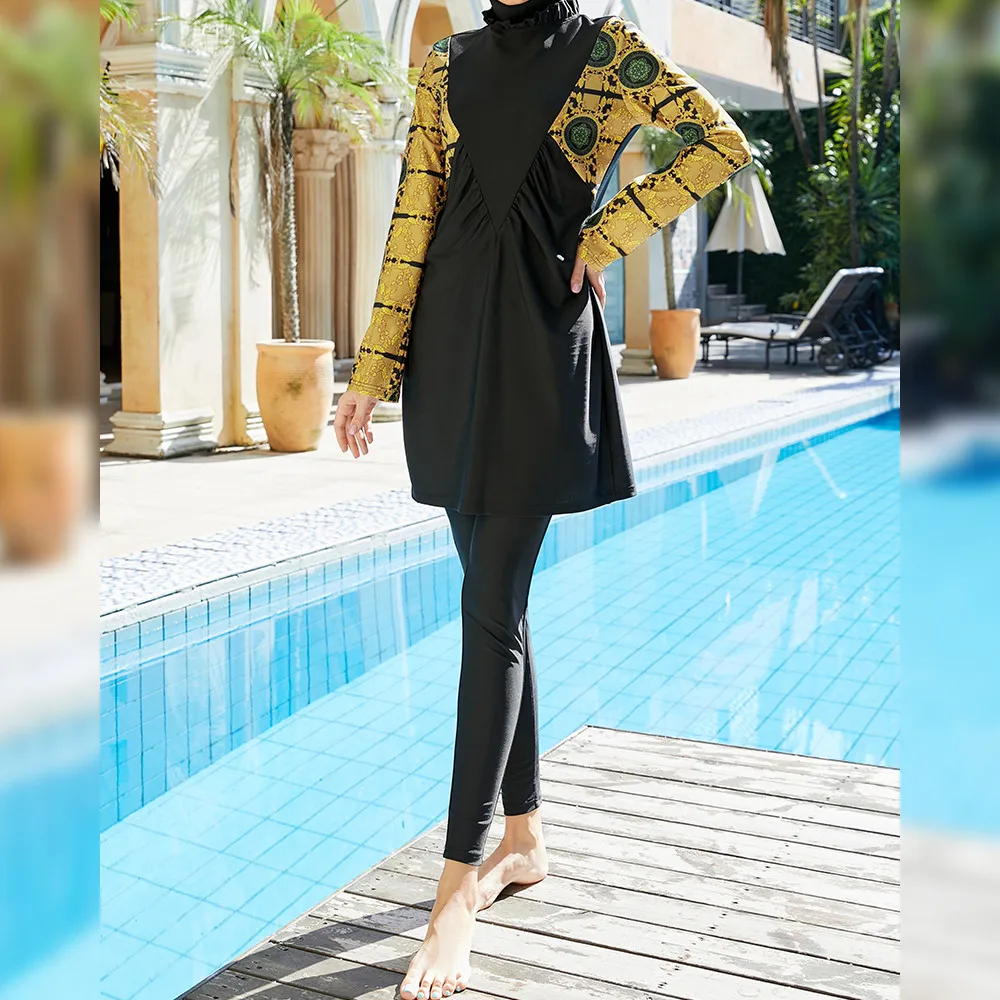 

3pcs Muslim Women Hijab Swimsuit Hooded Modest Burkini Print Muslim Swimwear Islamic Swim Costumes Bathing Suit Maillot De Bain