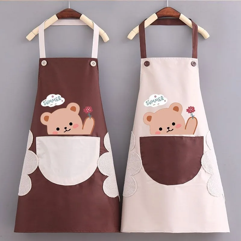 Little Bear Cute Kitchen Household Adult Antifouling Apron Sleeveless Waterproof Cartoon Printed Women Aprons Cleaning Accessory