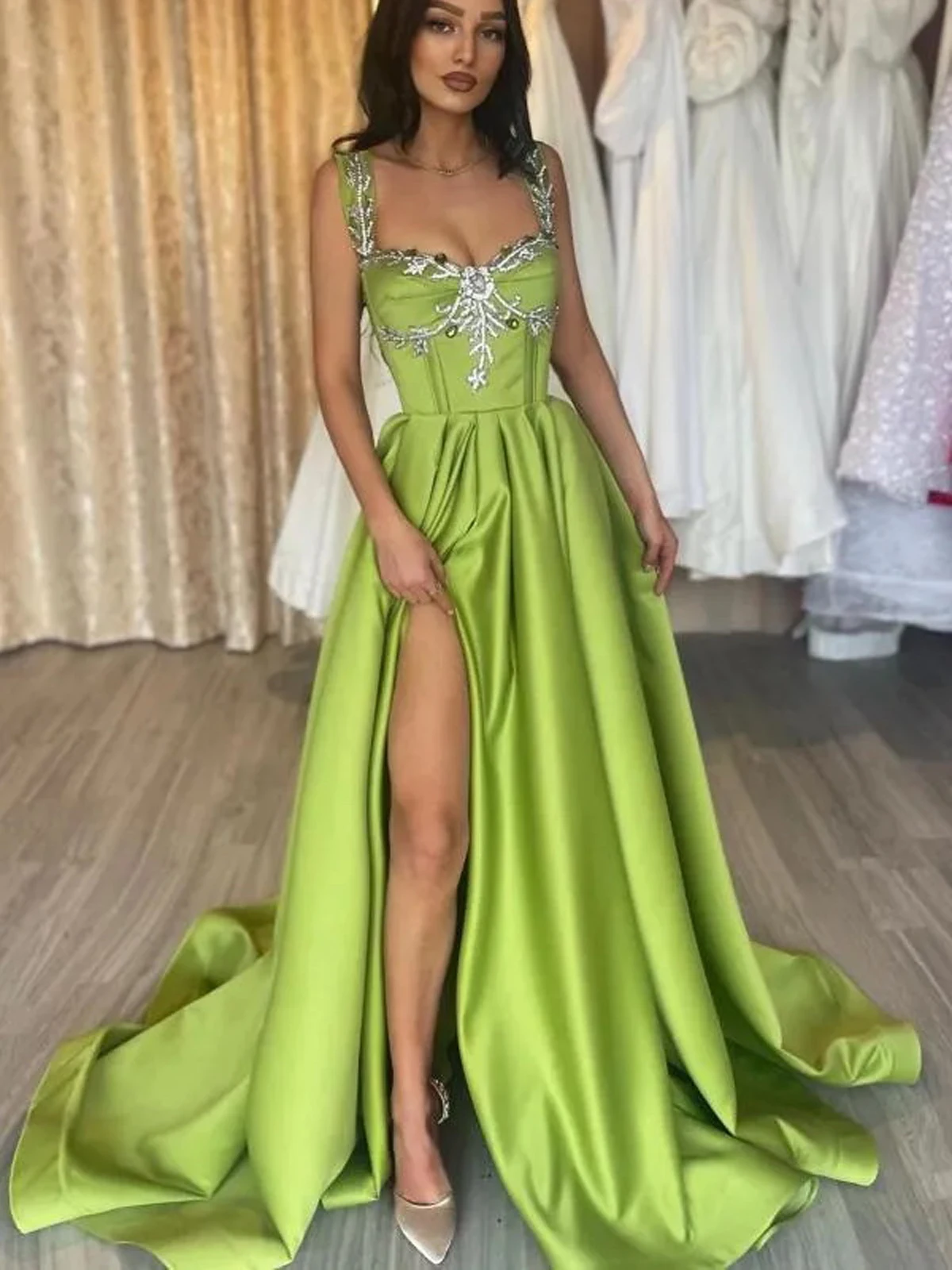 

Customized Lemon Green Prom Dresses Beaded Spaghetti Straps arabic Evening Dress Satin Formal Party Gown with Slit