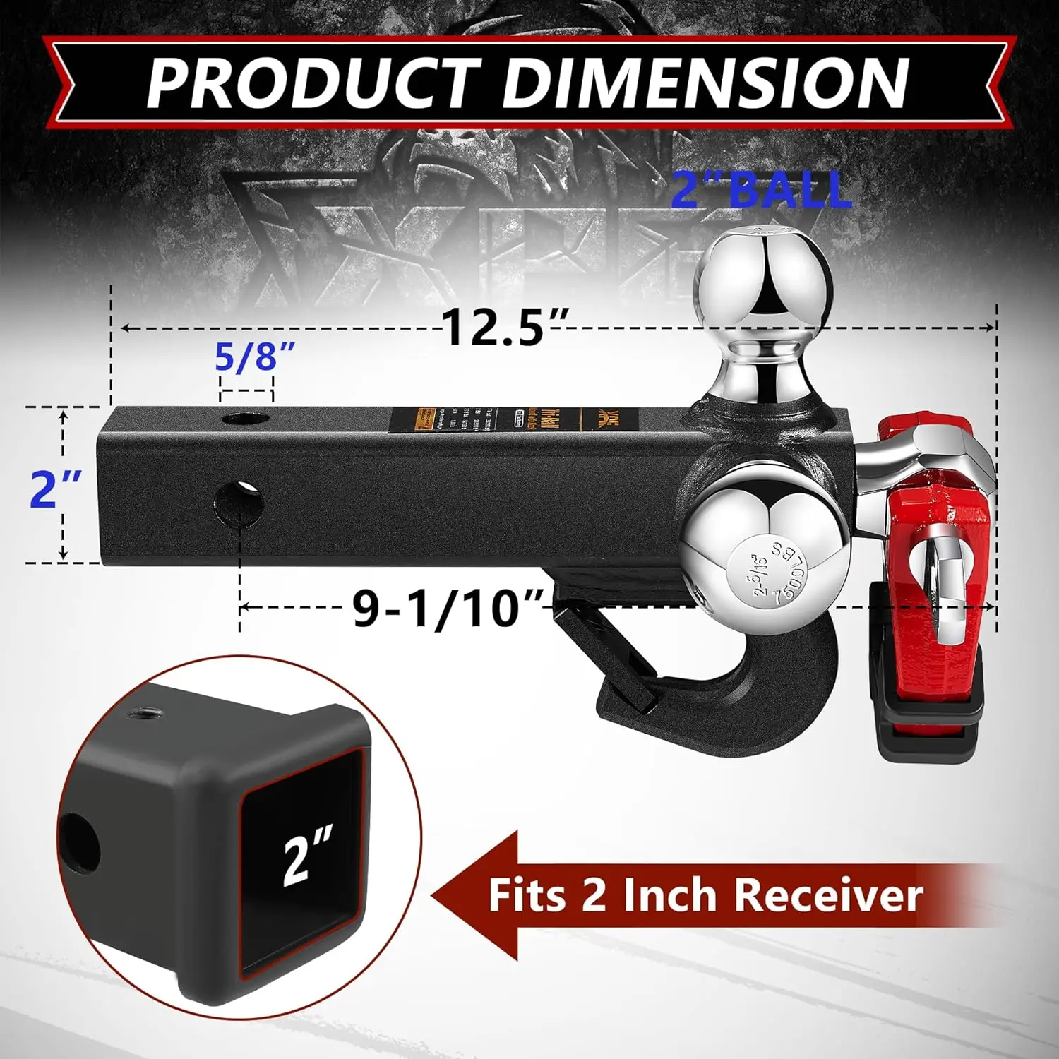 Trailer Hitch Tri Ball Mount with Hook & Rotatable Tow Shackle, Fits 2” Hitch Receiver w/ 1-7/8