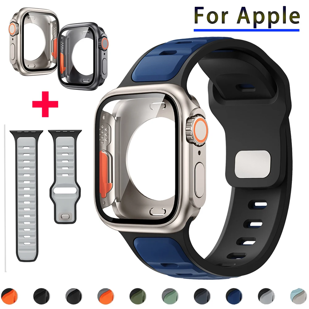 

Горячий ремешок + чехол для Apple Watch 46 мм, 45 мм, 44 мм, сменный ремешок на ультра жесткий защитный чехол для экрана ПК, бампер Iwatch 11 10 9876