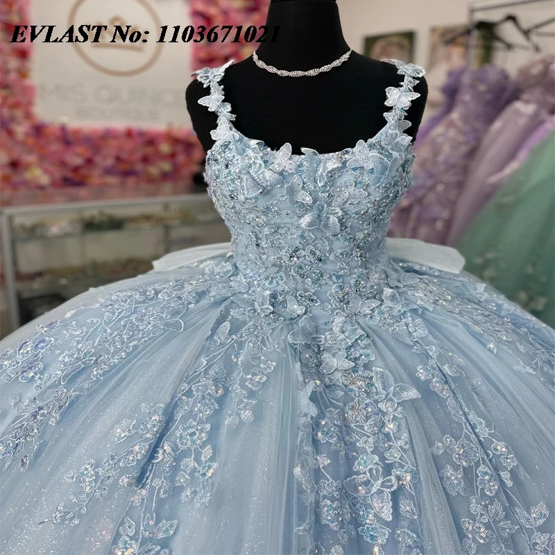 Блестящее голубое платье EVLAST Quinnceanera, бальное платье, Кружевная аппликация, украшенная бисером, Мексиканский корсет, милое 16 Vestidos De 15 лет SQ532