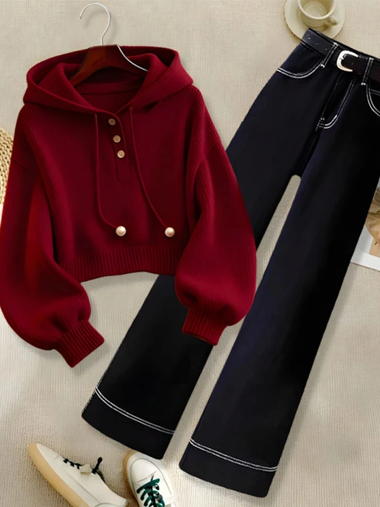 

Корейский осенне-зимний комплект, женский красный вязаный свитер с капюшоном Cisas Aosphere, тонкие широкие джинсы с высокой талией