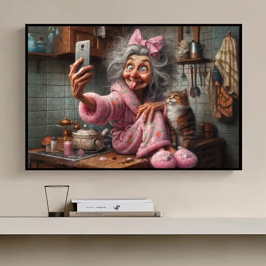 1 Scatola (A) Puzzle per Adulti con Dipinto di Nonna e Gatto, Gioco Divertente ed Educativo, Decorazione per Casa e Parete